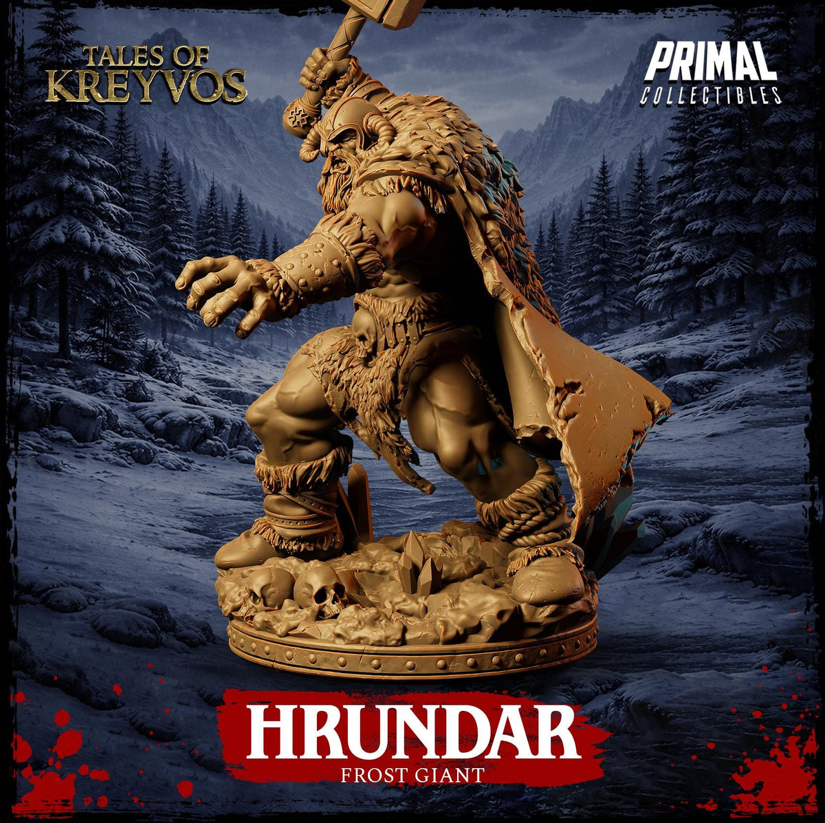 a large, detailed statue of a frost giant, Hrundar, standing in a snowy, mountainous landscape.
