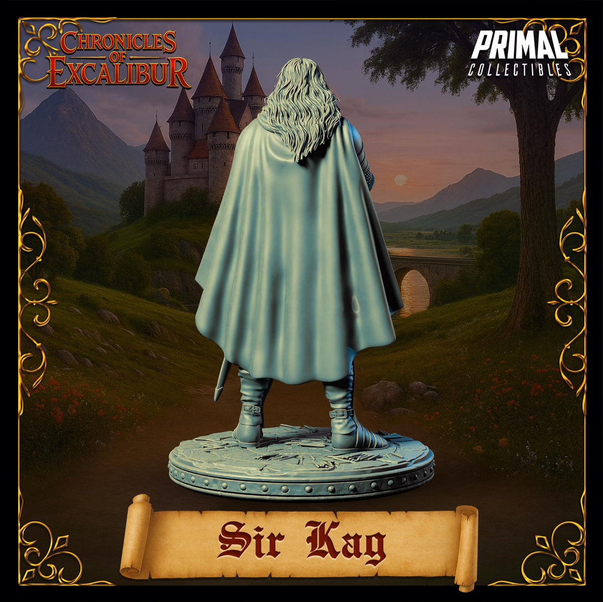 Knight Sir Kay - back view of a premium resin miniature from Chronicles of Excalibur with scenic background.