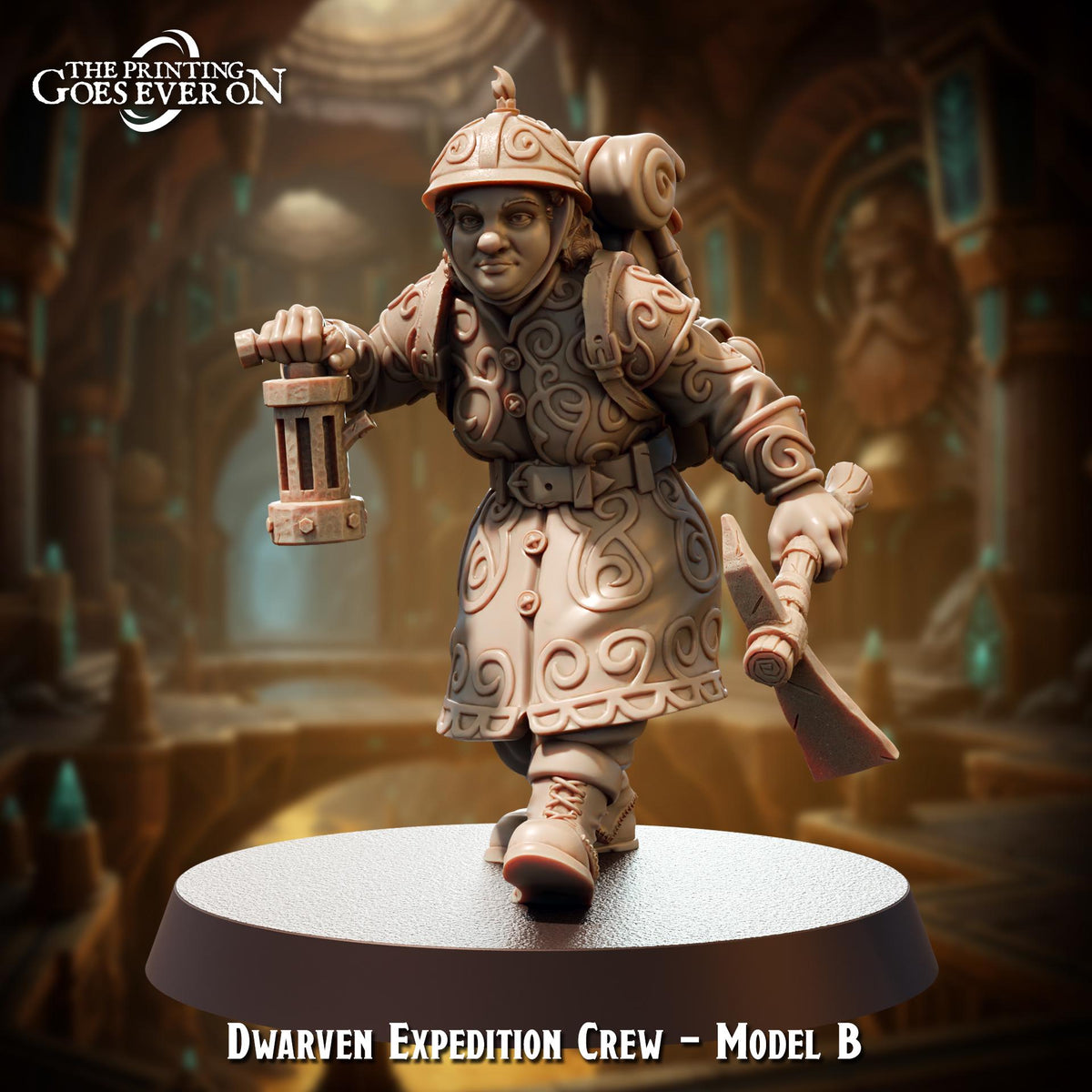 A figurine of a dwarf character from the "Dwarven Expedition Crew" model B, standing on a platform and holding a lantern.