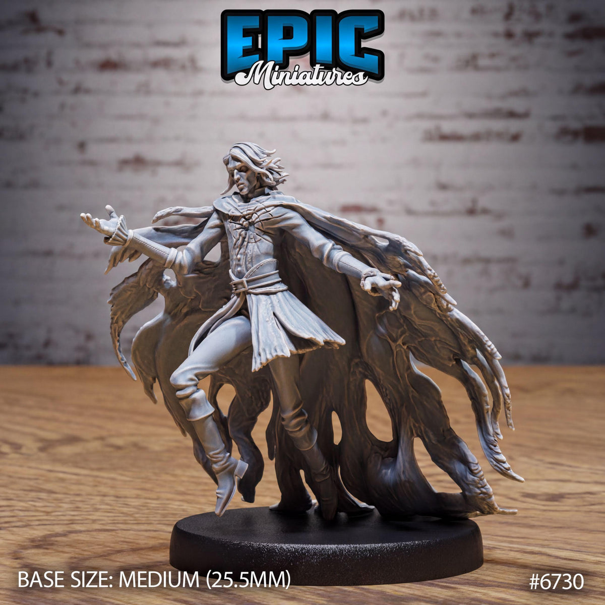 A figurine of a winged, winged figure with flowing robes and a cape, standing on a black base.