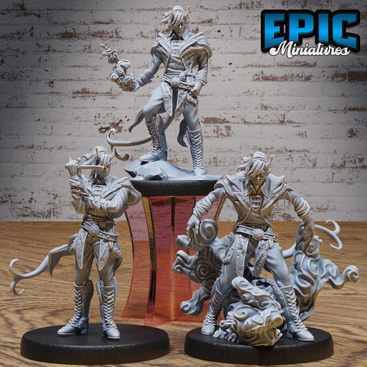 three figurines of fantasy characters, including a knight, a dragon, and a dragon-like creature, displayed on a wooden surface against a brick wall background.