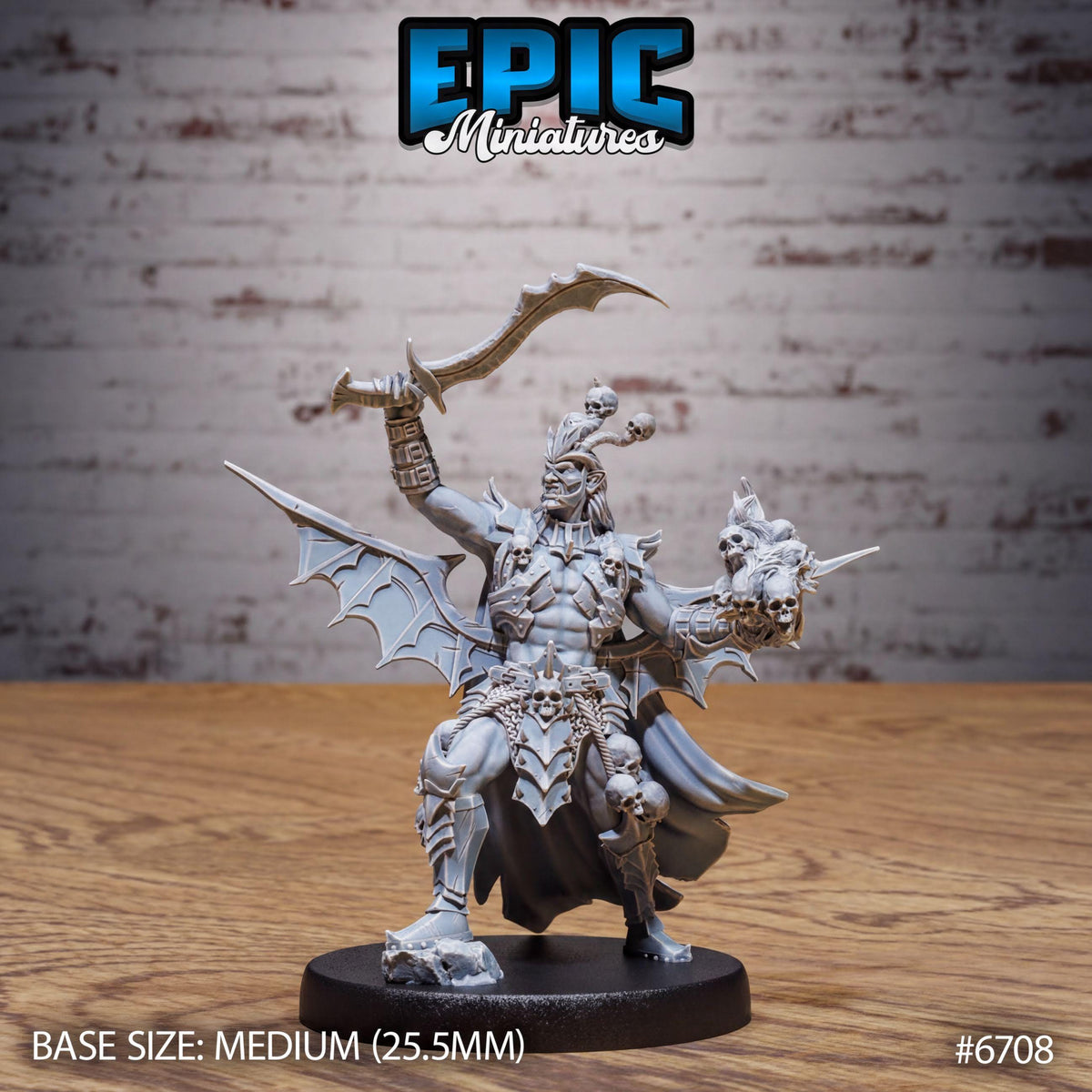 A detailed miniature figurine of a winged warrior with a sword and other weapons, standing on a black base.