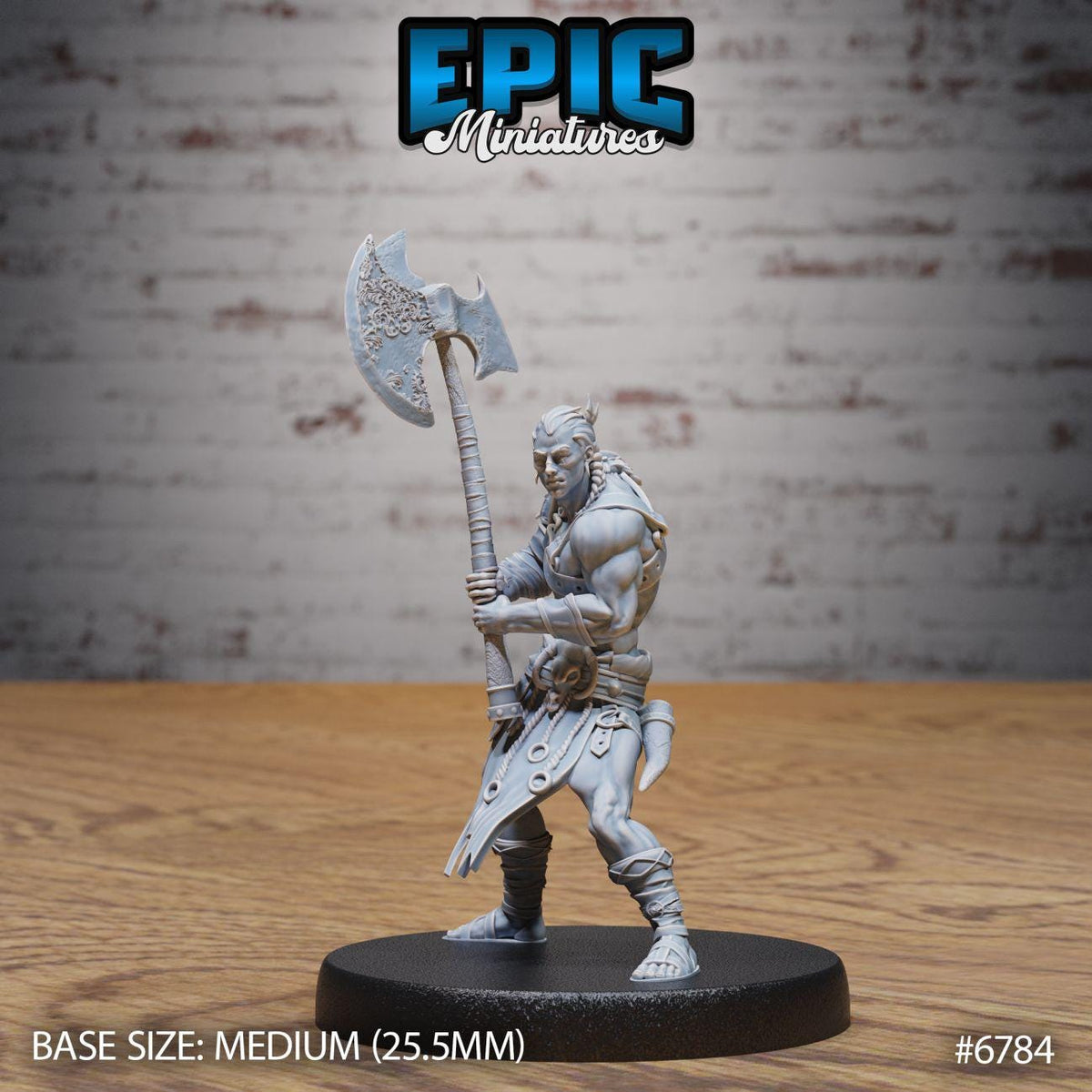 A figurine of a warrior standing on a base, holding a large weapon.
