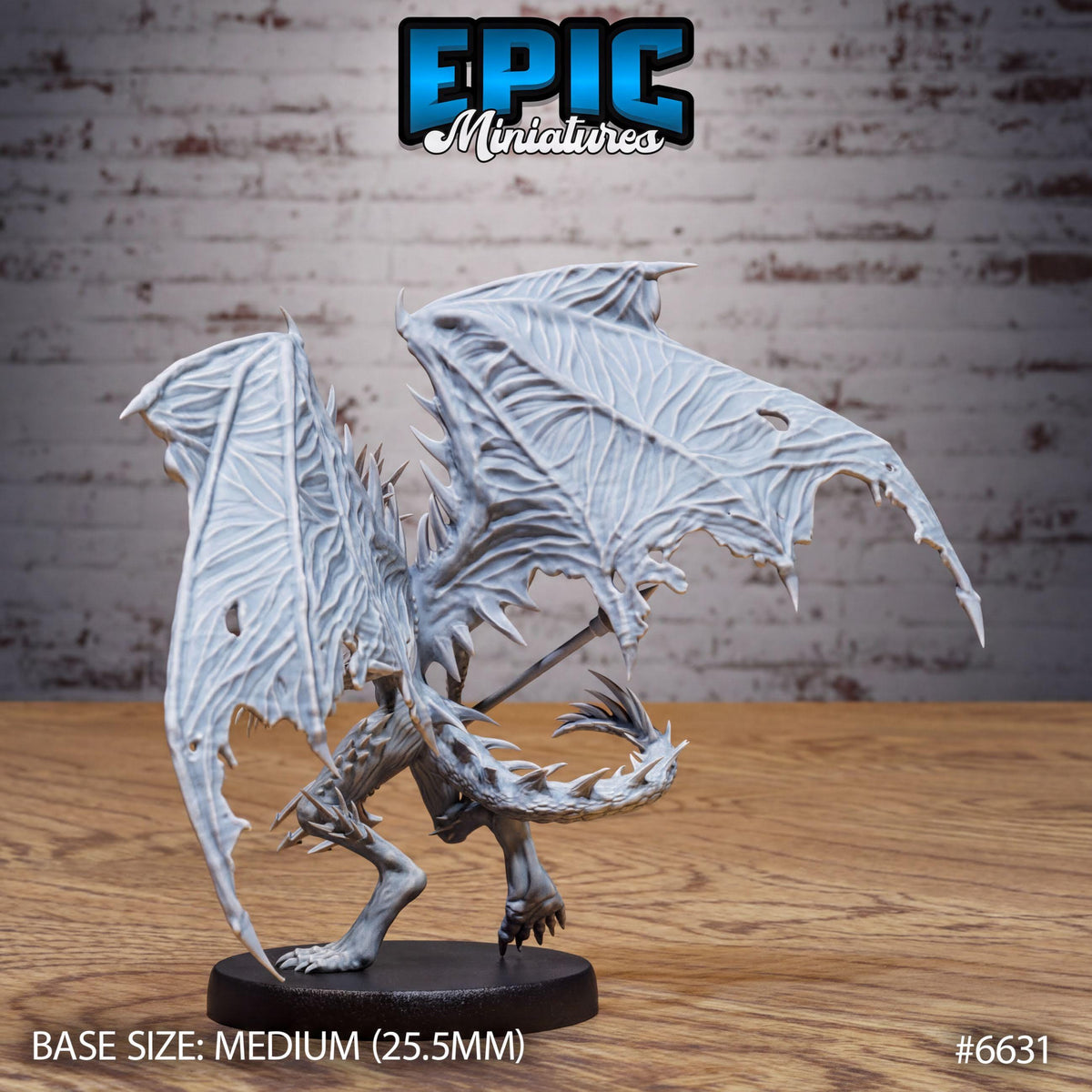 A detailed model of a winged creature, possibly a dragon or mythical creature, with intricate details and textures. The creature is displayed on a black base, and the background is a brick wall. The image is labeled with the text "Epic Miniaturies" and "BASE SIZE: MEDIUM (25.5MM)" indicating the scale and size of the model.