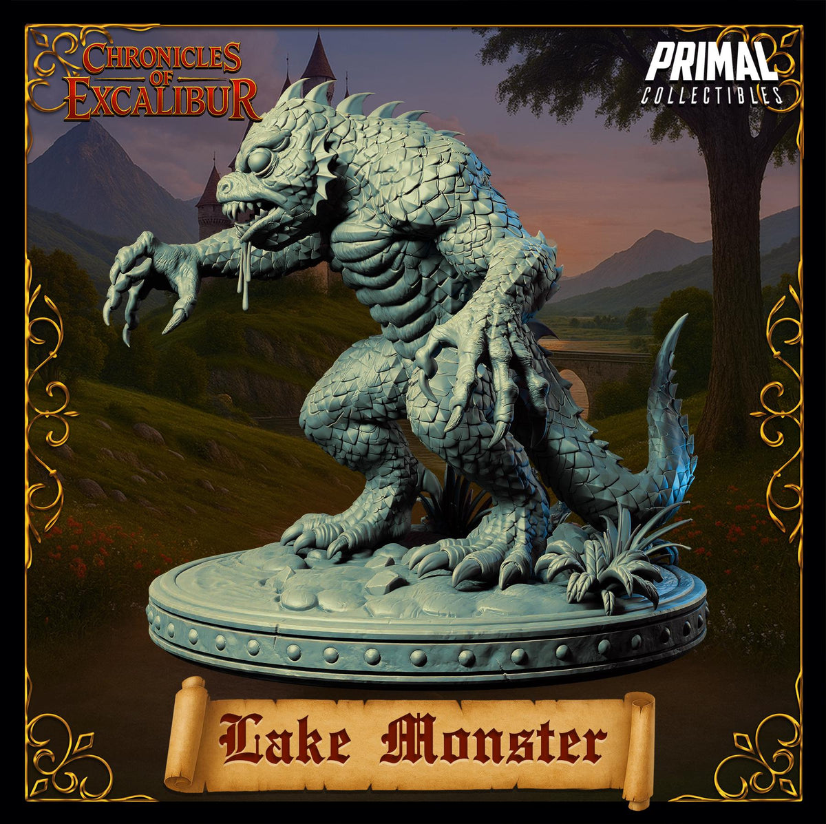 A 3D model of a large, metallic creature resembling a monster or dragon, standing on a pedestal and appearing to be in a natural setting with mountains in the background.