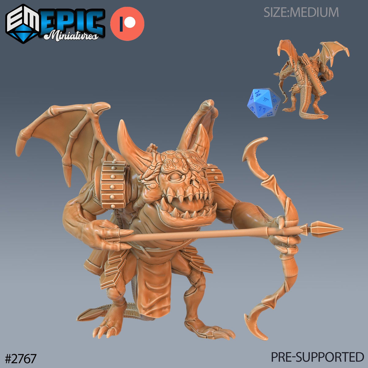 The image is a 3D model of a miniature dragon-like creature with wings, a pointed bow, and a large head. The creature appears to be a fantasy character, possibly from a fantasy role-playing game.