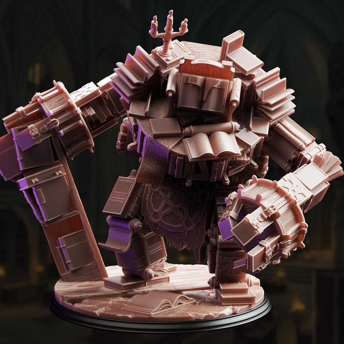 A 3D rendering of a mechanical, armored figure with various mechanical components and parts, including what appear to be books or other reading materials. The figure is standing on a platform and has a distinctive, intricate design.