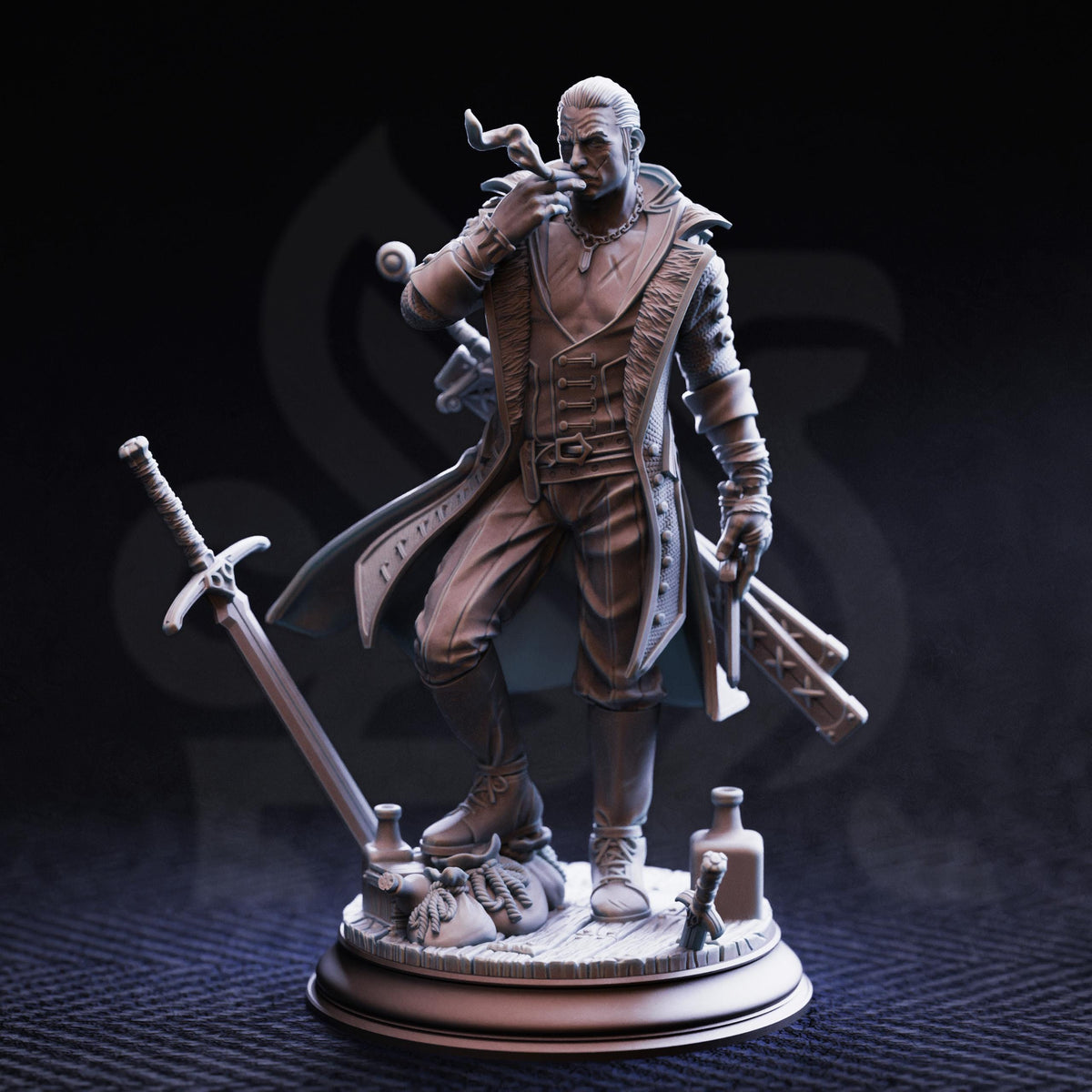A detailed 3D model of a character wearing a coat and holding a sword, standing on a base with various objects around him.