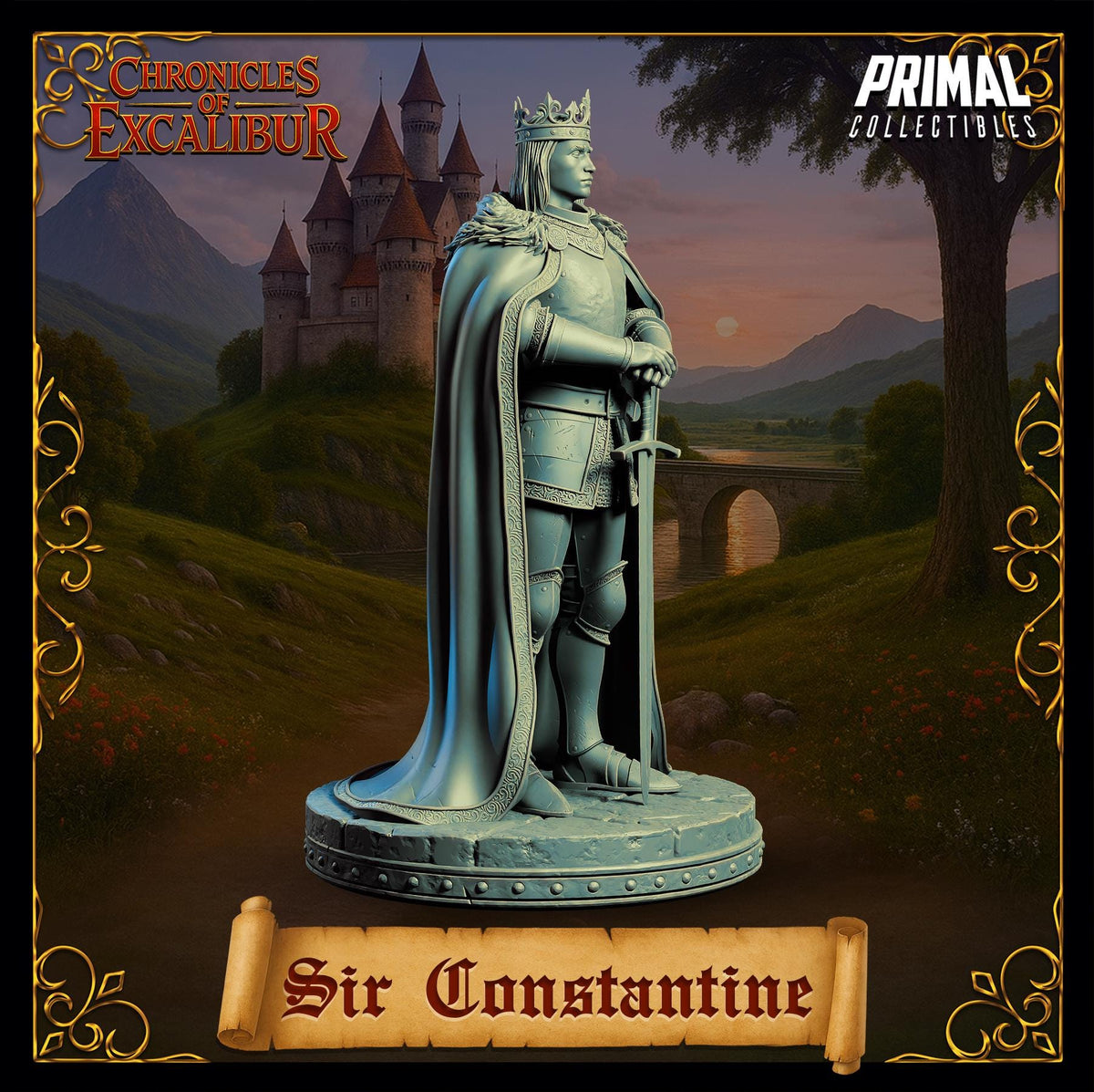 a statue of a man wearing a crown and holding a sword, standing in front of a castle. The background includes a castle, mountains, and a bridge. The title "Sir Constantine" is displayed below the statue.