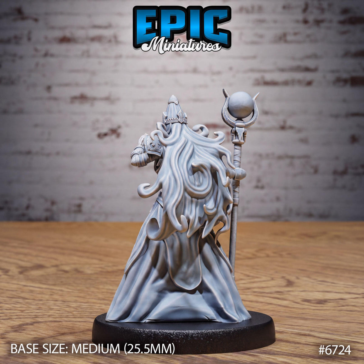 A figurine of a wizard or magical figure with long hair and a staff, standing on a black base.