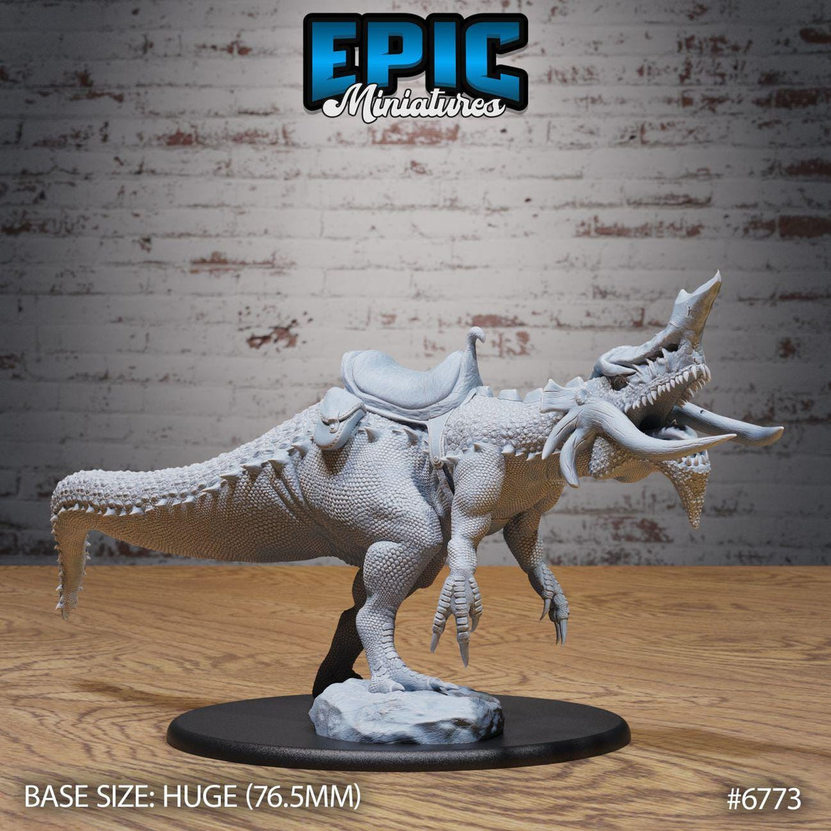 A 3D model of a dinosaur-like creature with sharp teeth and claws, sitting on a rock. The base size of the model is described as huge, with a length of 76.5mm. The image is a 3D model of a dinosaur-like creature, and it is placed on a black circular base.