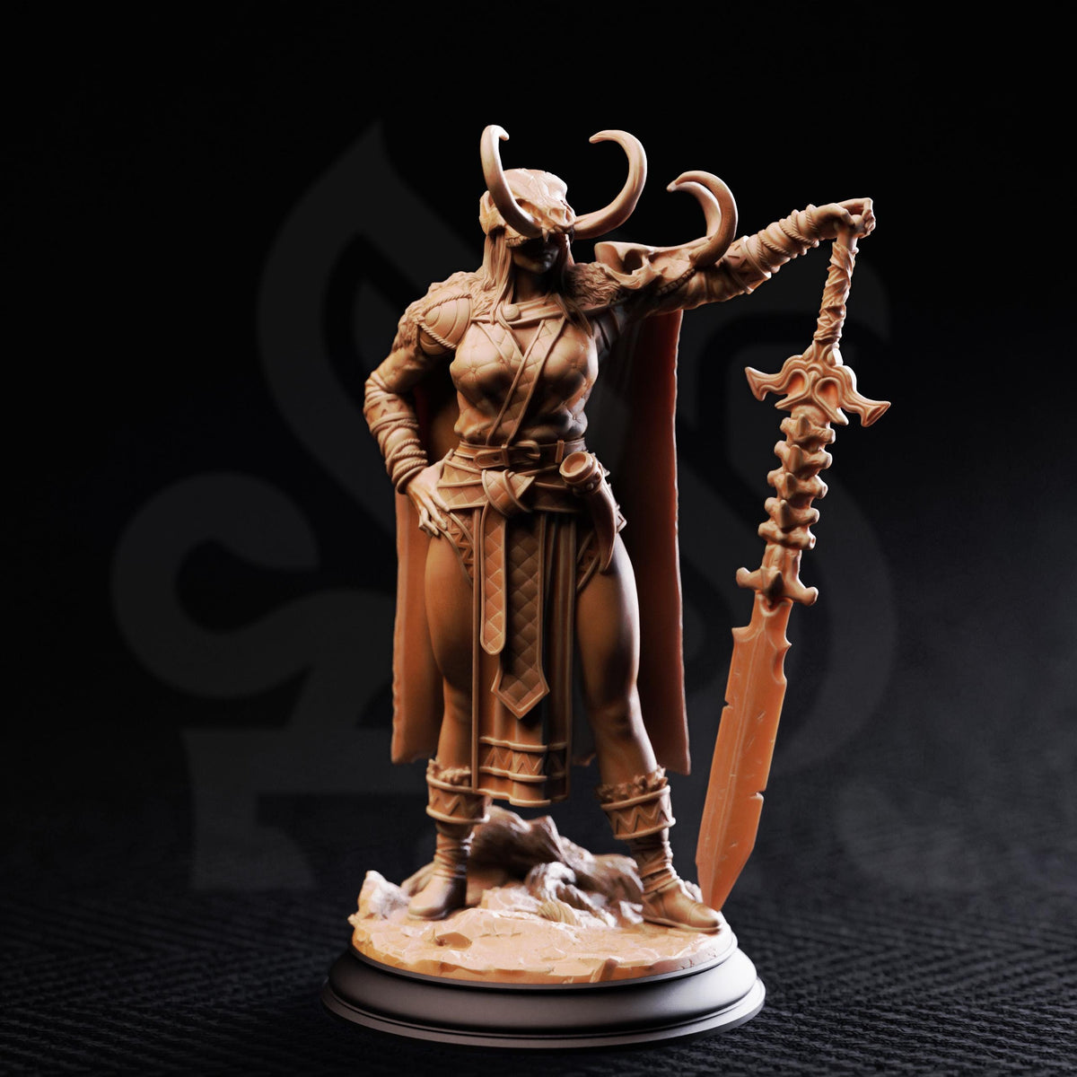 A figurine of a warrior standing on a base, holding a sword in one hand and a shield in the other.