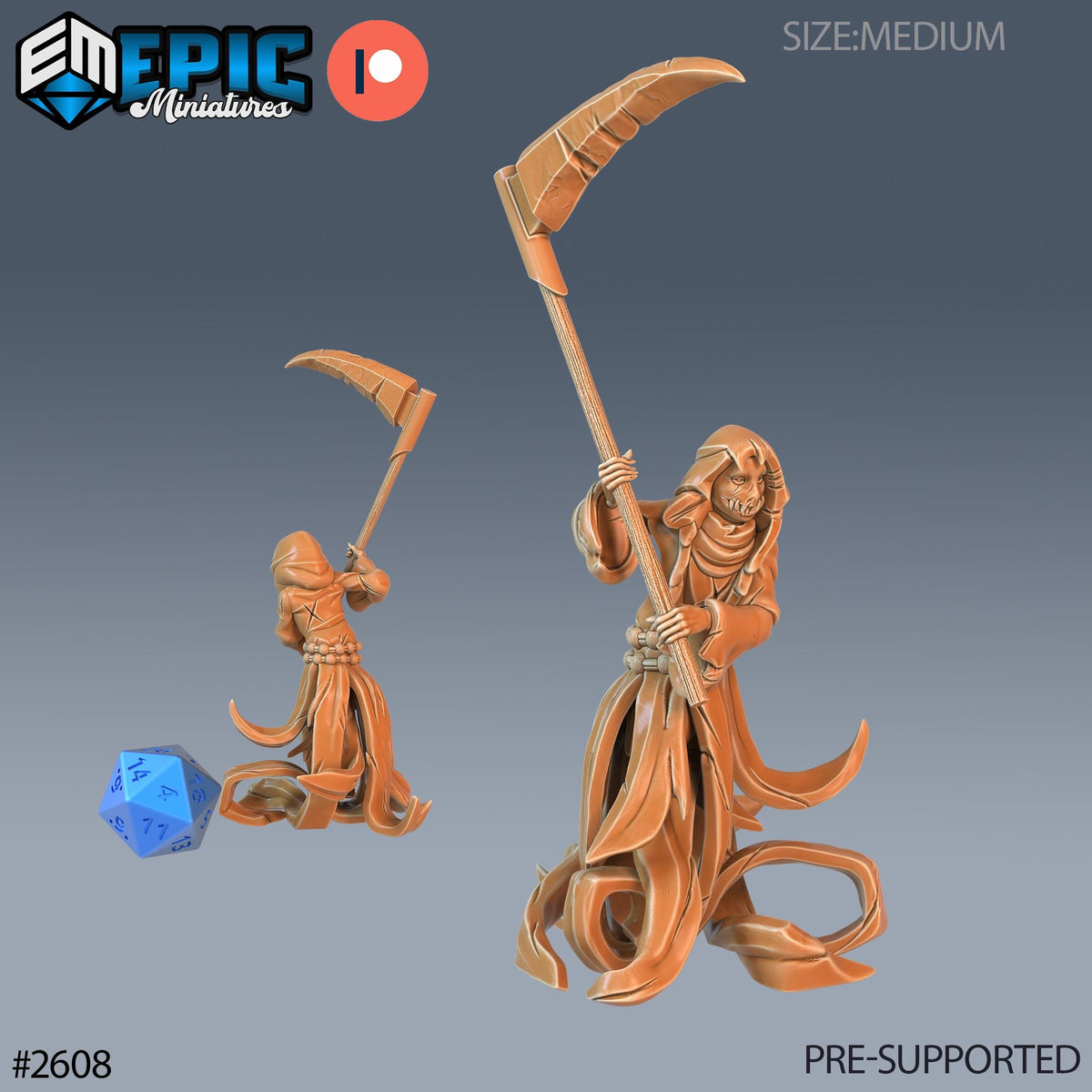 two miniature figures of a character holding a scythe, with a blue die on the ground in front of them.