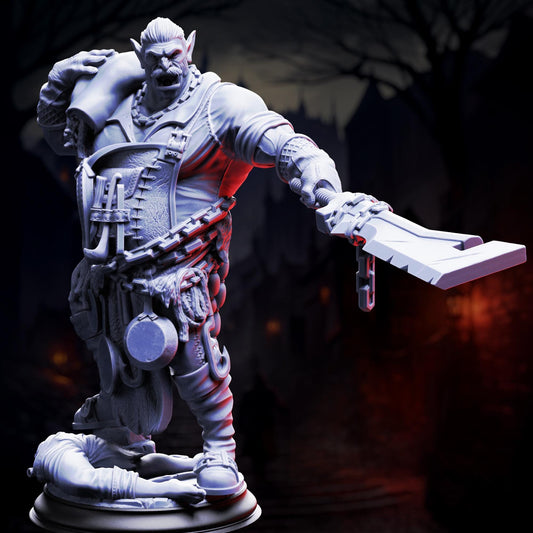 A detailed 3D model of a warrior figure, wearing a chainmail outfit and wielding a sword, stands in a dark, mysterious setting.