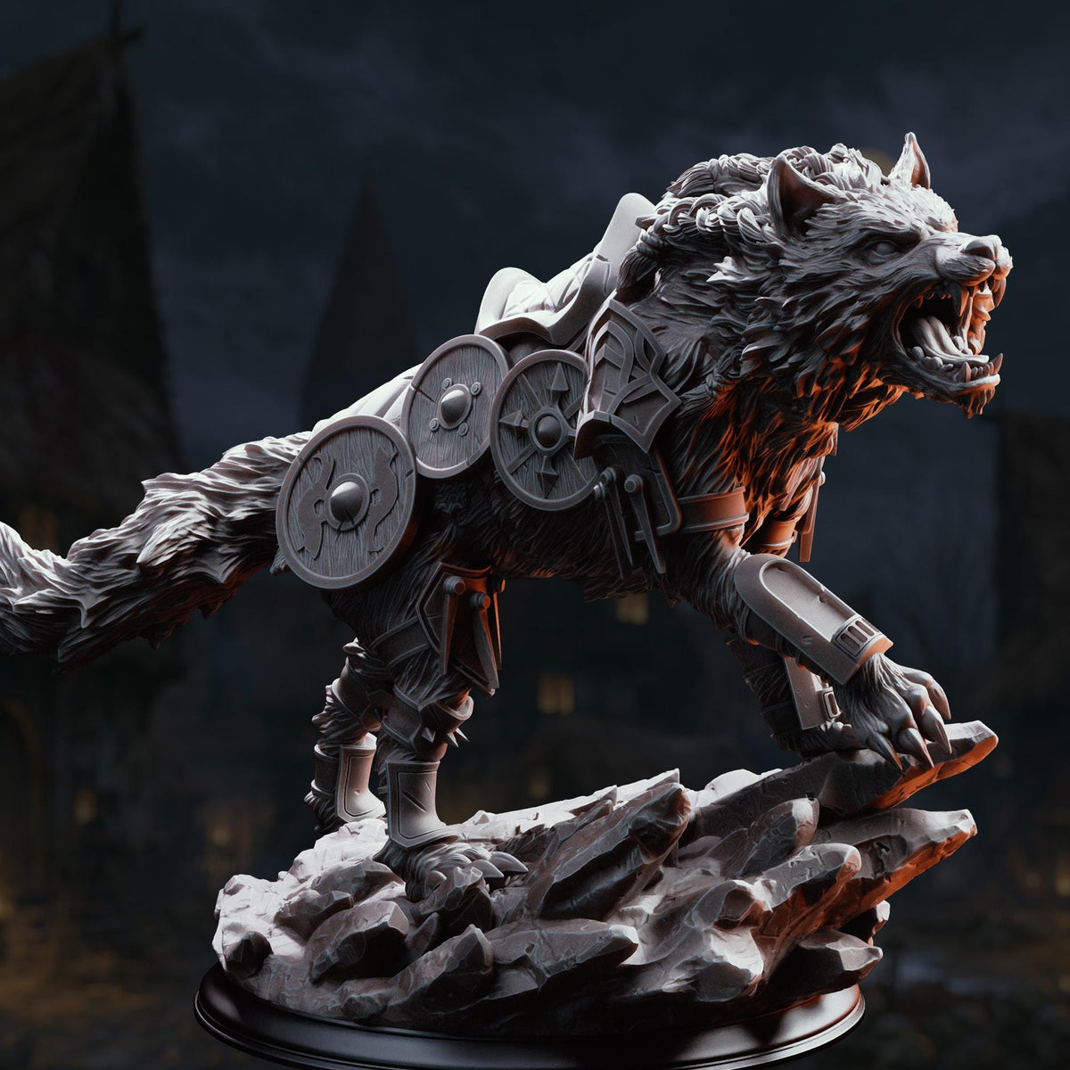 A detailed 3D rendering of a fierce-looking wolf statue, with intricate armor and weapons, standing on a rocky platform against a dark, moody background.
