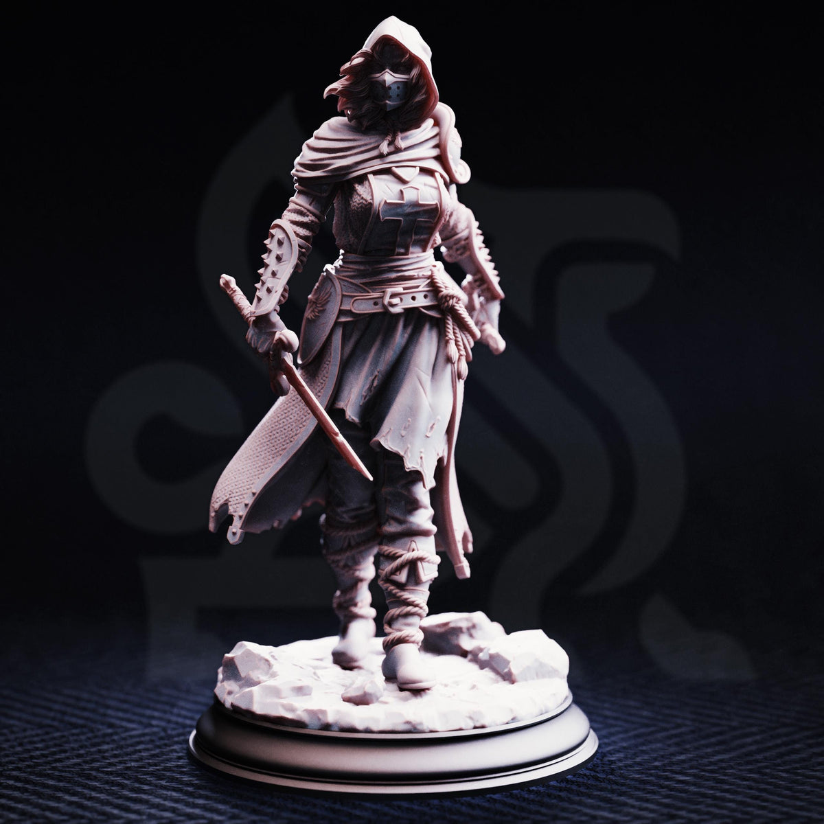 A figurine of a woman in a medieval-style outfit, holding a sword and standing on a base.