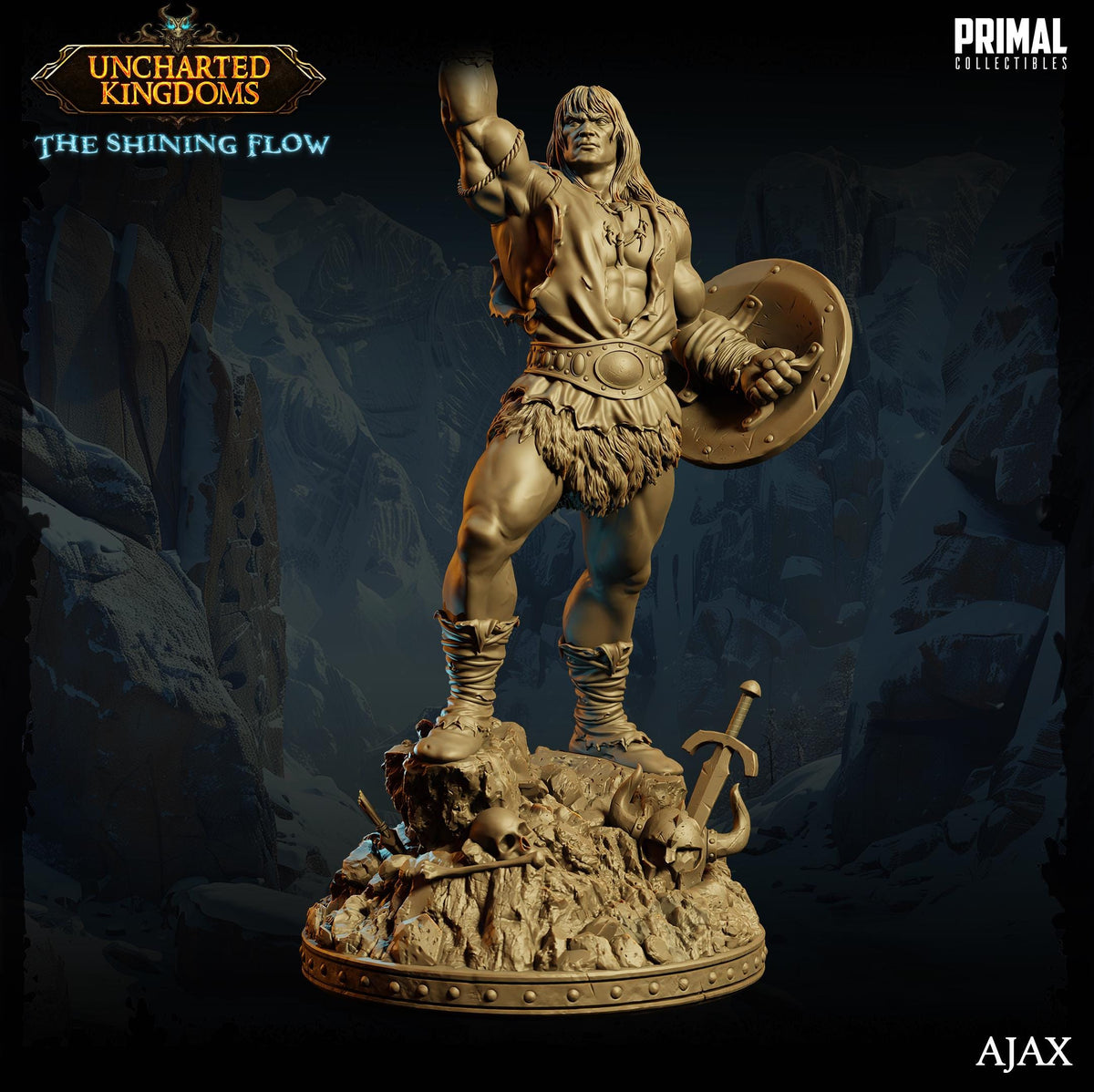 a statue of a muscular, bearded warrior figure holding a shield and sword, standing on a rocky base.