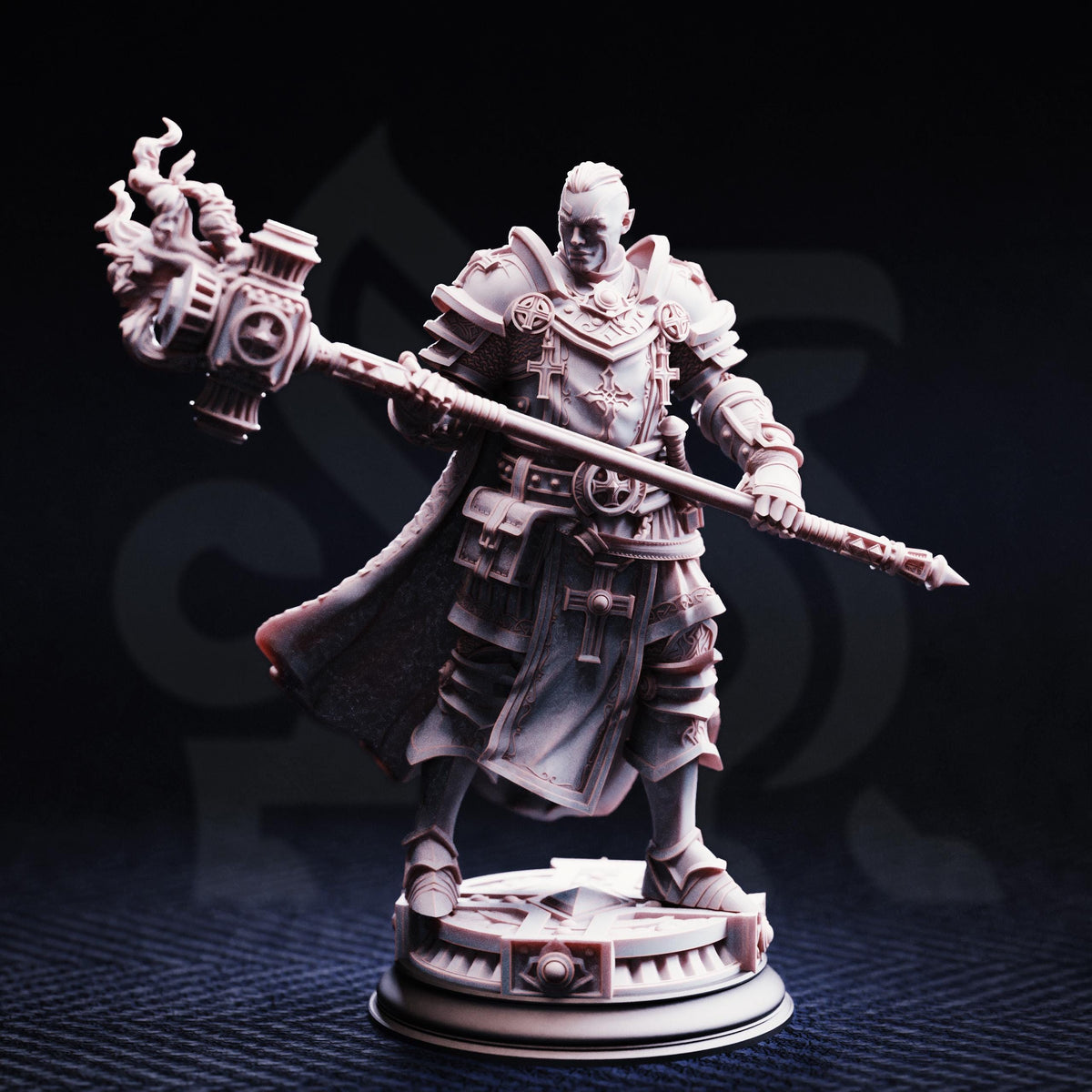 A detailed 3D model of a knight figure holding a sword and shield, standing on a pedestal against a dark background.