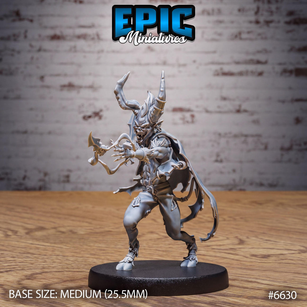A figurine of a fierce-looking, horned character with a large head and sharp claws, standing on a black base.
