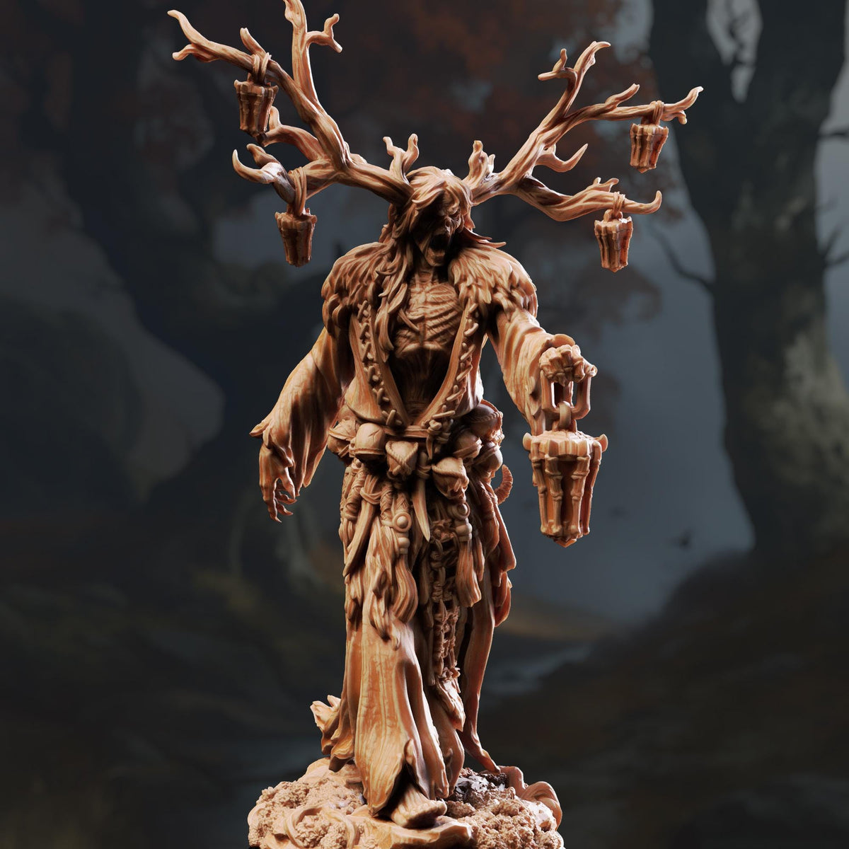 A detailed 3D model of a fantastical creature with a long, flowing robe and a large, horned head, standing in a dark, forest-like setting.