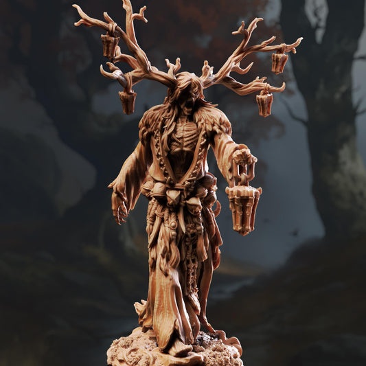 A detailed 3D model of a fantastical creature with a long, flowing robe and a large, horned head, standing in a dark, forest-like setting.
