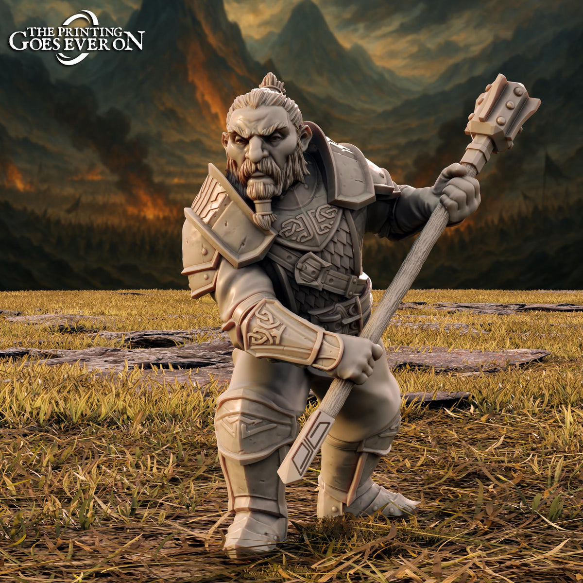 A detailed 3D model of a warrior figure, holding a large weapon, standing in a grassy field with mountains in the background.