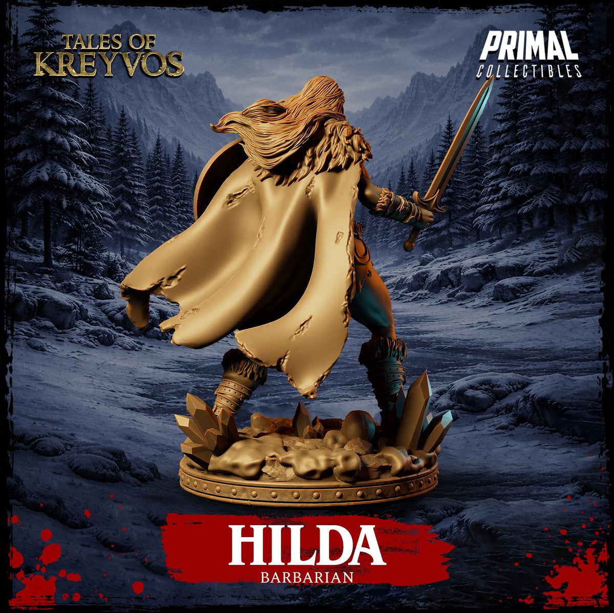 a bronze statue of a female warrior, Hilda, holding a sword and standing in a snowy landscape.