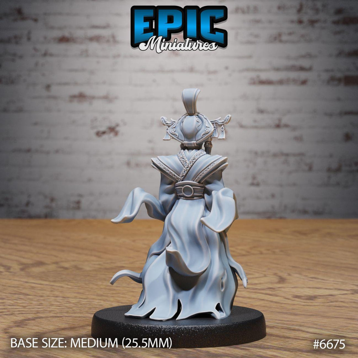 A figurine of a person in a flowing robe, standing on a black base. The figurine appears to be a miniature model, as indicated by the text "BASE SIZE: MEDIUM (25.5MM)" and "#6575".