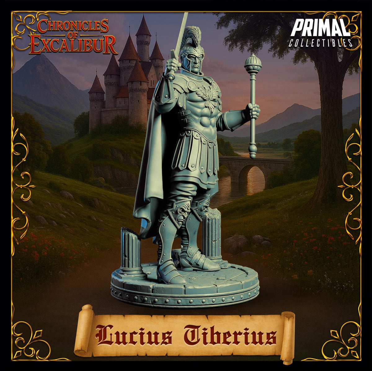 A statue of a muscular, armored figure holding a sword and shield, standing in front of a castle-like structure against a mountainous landscape.