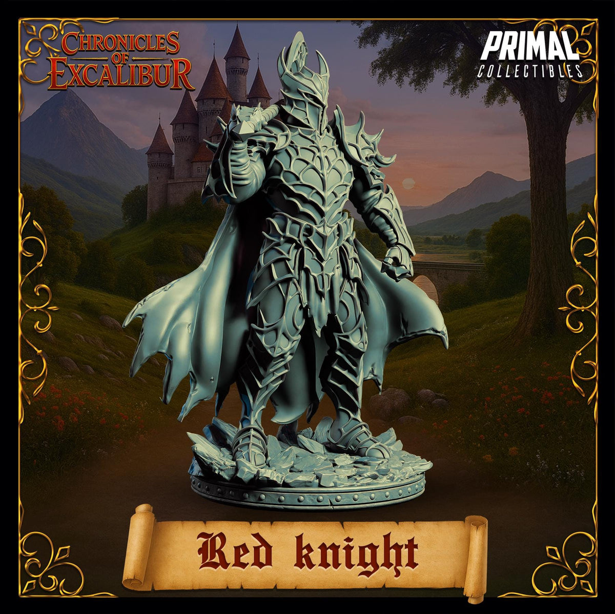 a statue of a knight in a medieval style, standing in a fantasy setting with a castle in the background.