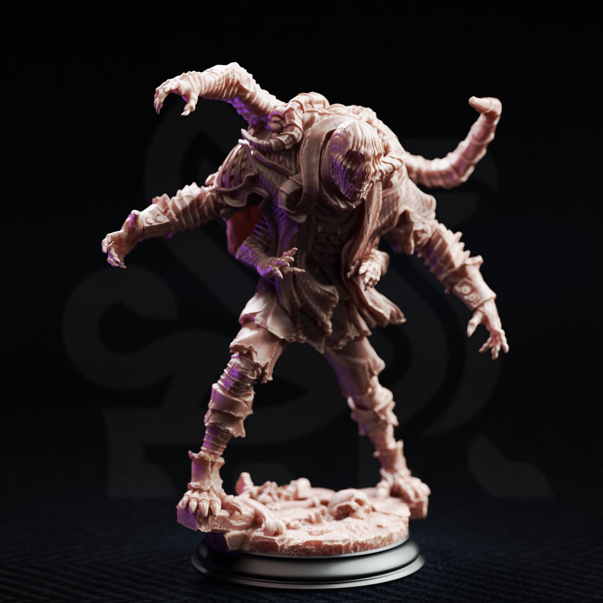 A detailed, sculpted figurine of a fantastical creature with multiple arms and legs, standing on a base against a dark background.