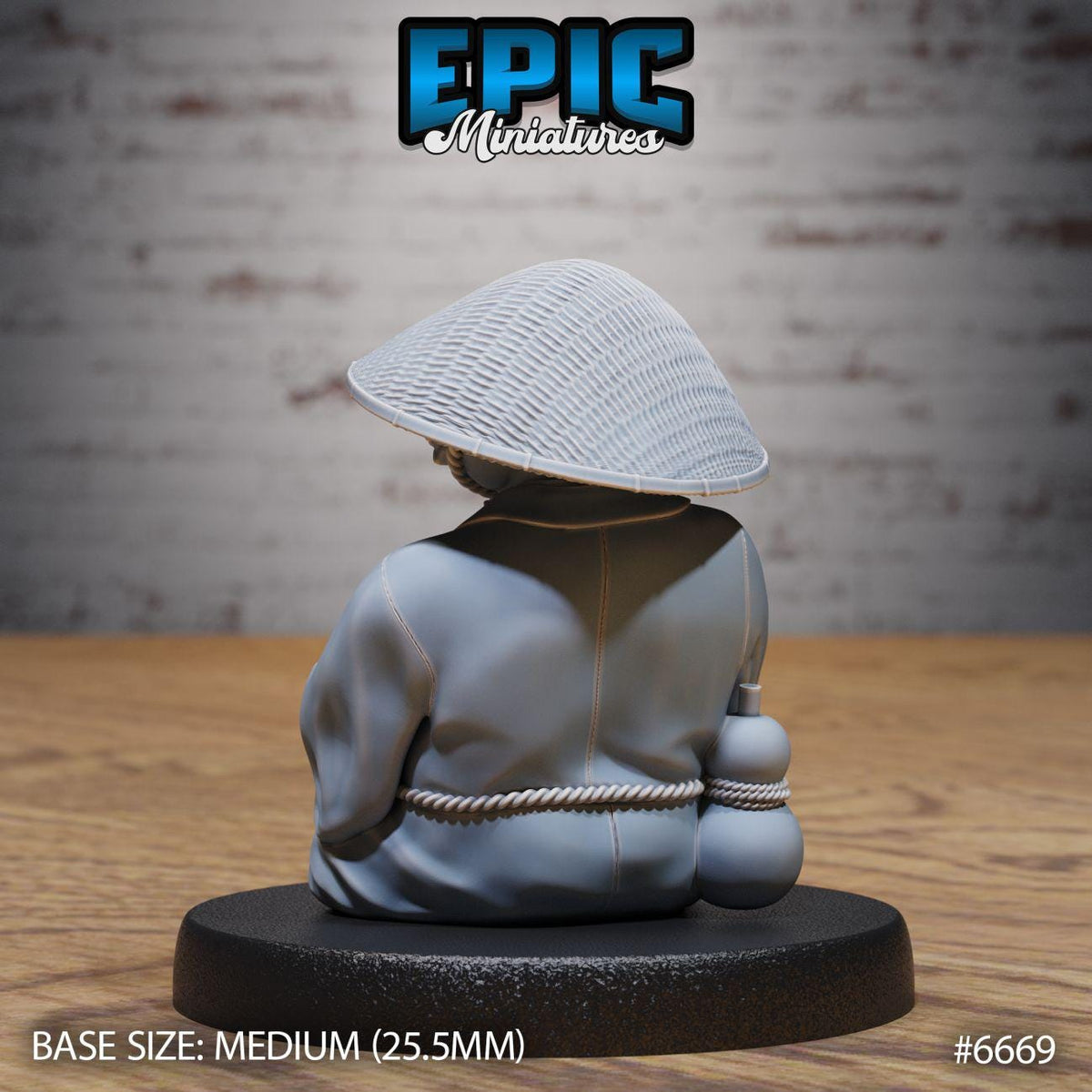 A statue of a person wearing a hat and holding a small object, sitting on a black base.