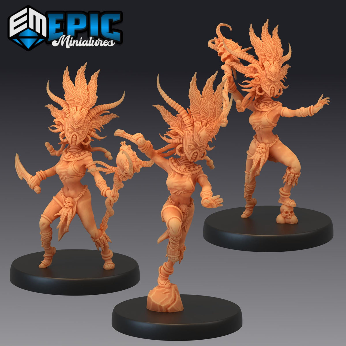 three figurines of women, each with distinct poses and weapons, set against a dark background.
