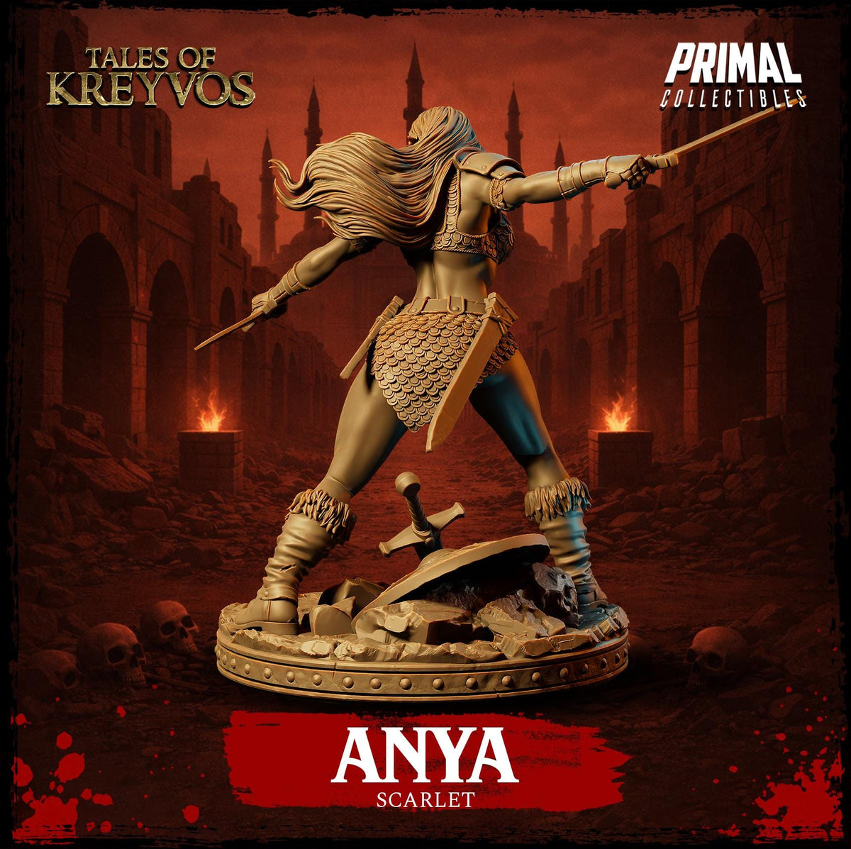 a statue of a female warrior named Anya, who is depicted in a dynamic fighting stance with her sword raised. The background of the image is dark and ominous, with a castle-like structure looming in the distance. The text "TALES OF KREYVOS" and "PRIMAL COLLECTIBLE" are visible, indicating that this is a collectible item from the video game series "Tales of KreyVos".