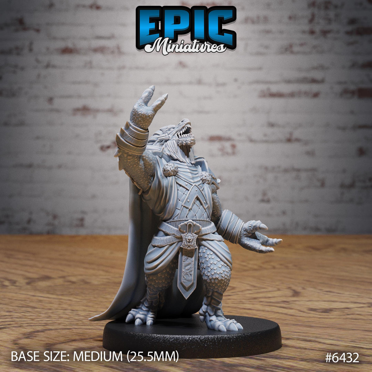 A figurine of a dragon-like creature with a raised fist, standing on a black base. The figurine is described as a "MEDIUM" size, with a base size of 25.5 millimeters. The background is a brick wall.