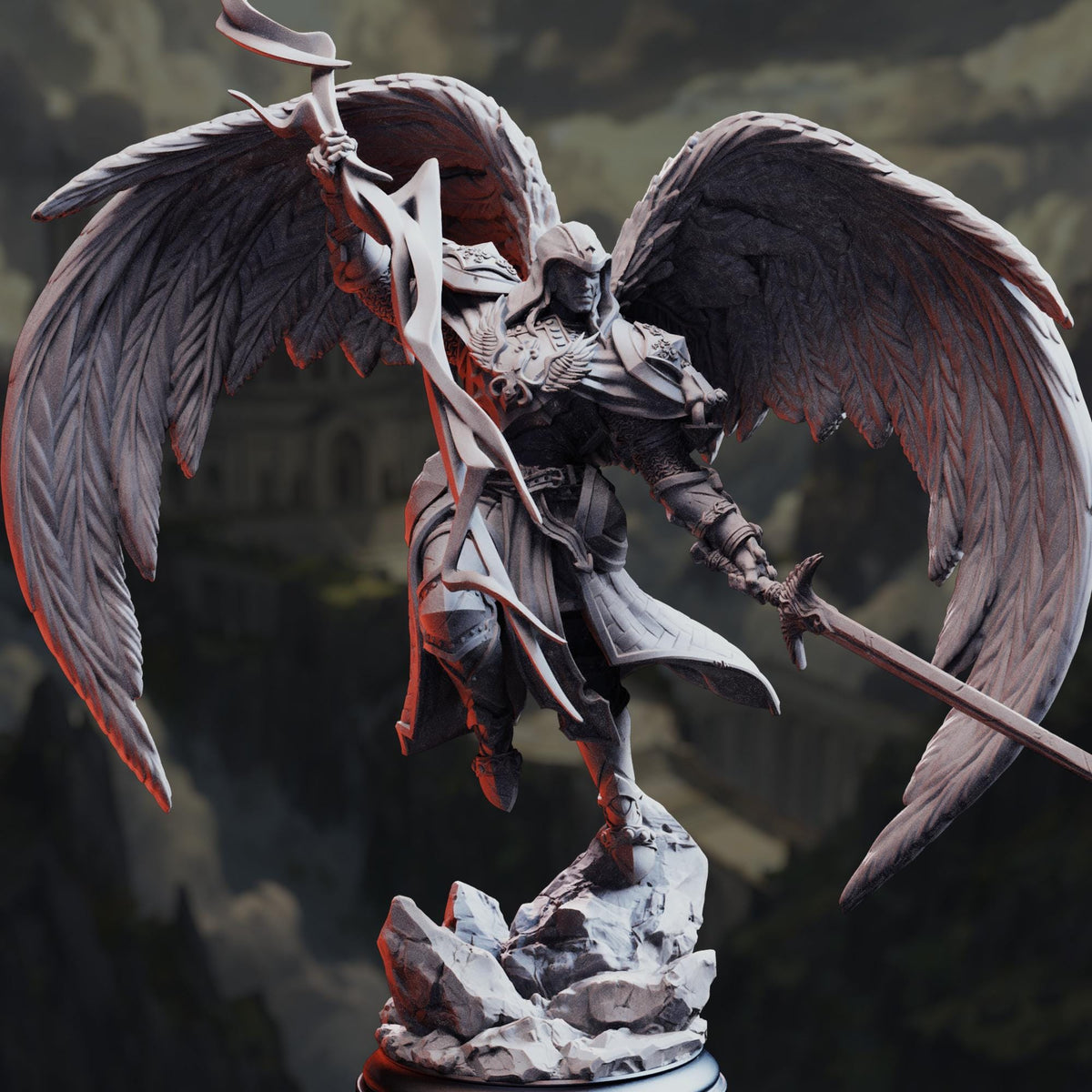 A detailed 3D rendering of a winged warrior figure, holding a sword and shield, standing on a rocky base against a dark, mountainous background.