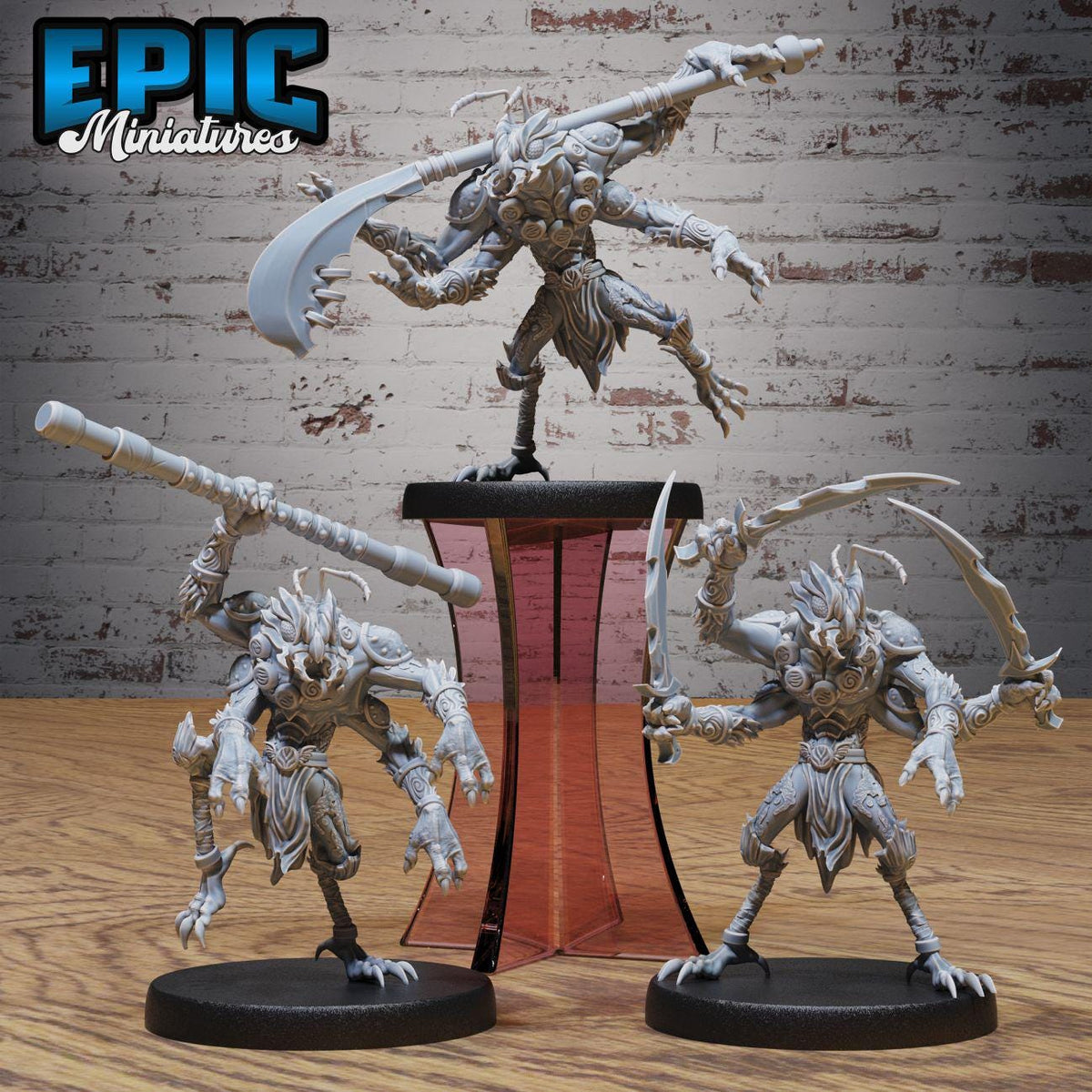 three detailed figurines of fantastical creatures, each with unique features and weapons, displayed on a wooden surface against a brick wall background.