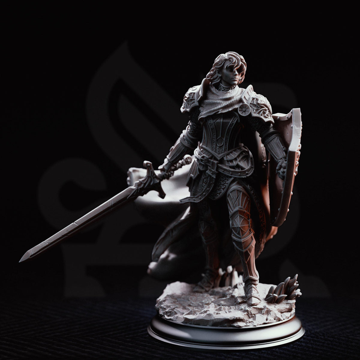 A detailed 3D model of a female warrior figure, holding a sword and shield, standing on a base against a dark background.