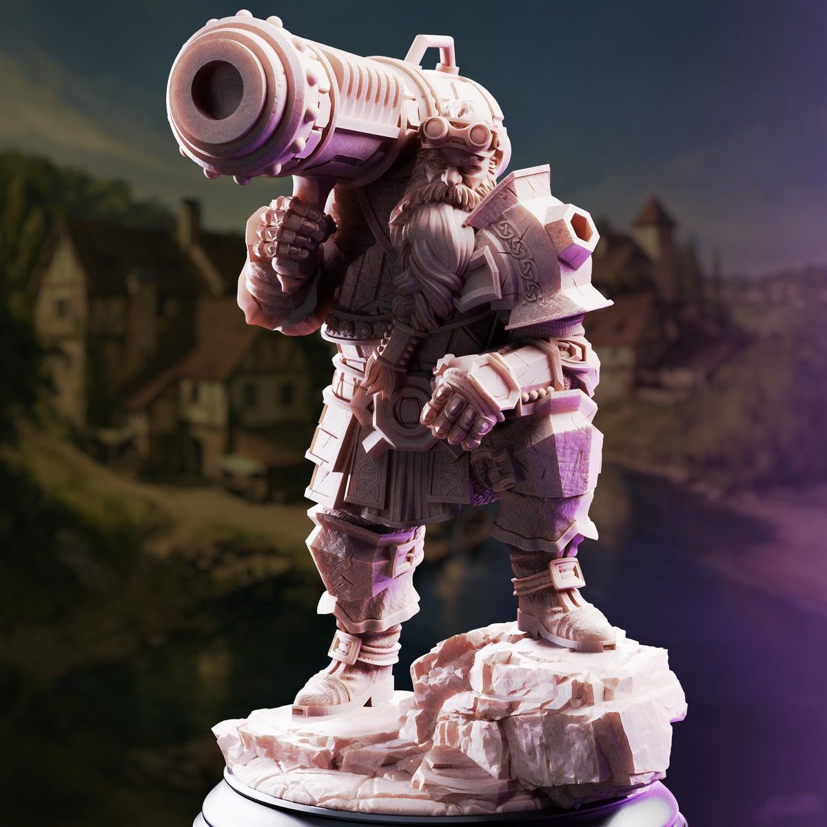 A detailed 3D model of a heavily armored and armed dwarf figure, with a large gun-like weapon on its head, standing on a rocky platform against a backdrop of a castle or fortress.