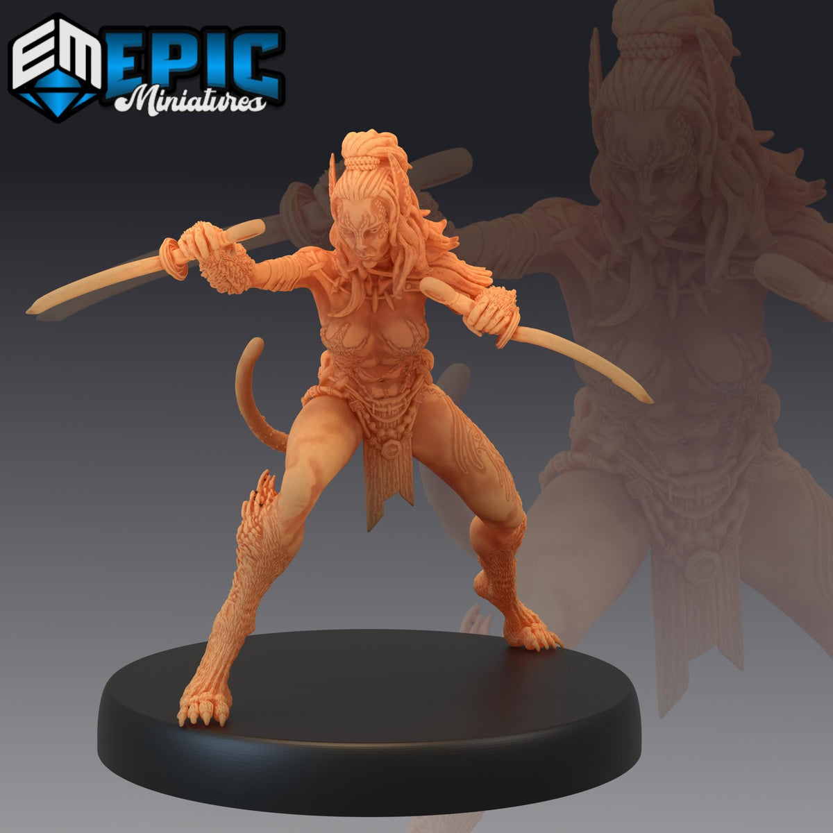 a figurine of a female warrior wielding a sword and shield, with intricate details and a fierce expression.