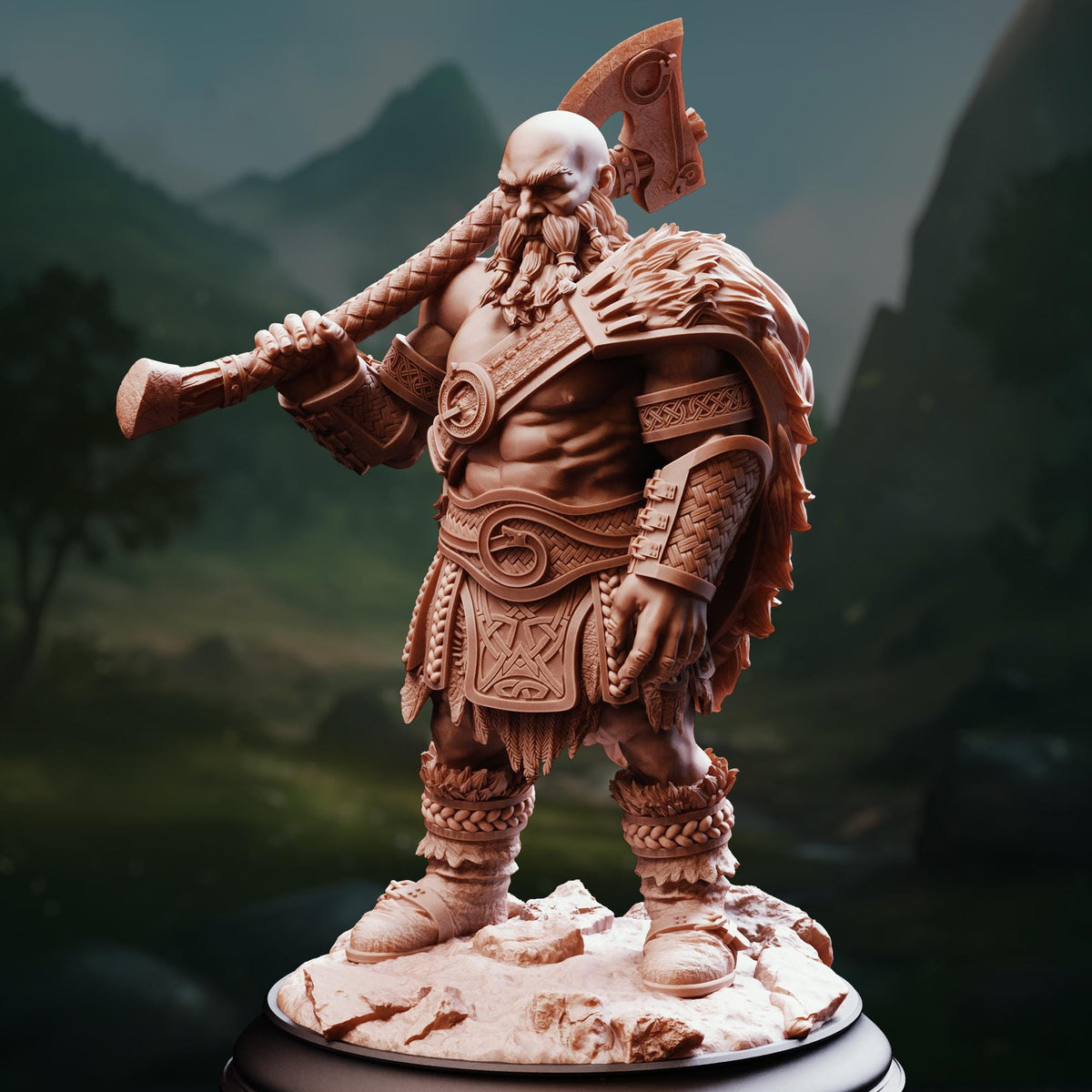 A detailed 3D model of a warrior figure, standing on a rocky base and holding a large weapon.