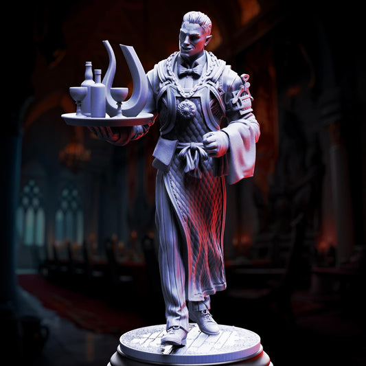 A statue of a man in a suit holding a tray with various objects, including bottles and a wine glass, in a dimly lit room with ornate architectural details.
