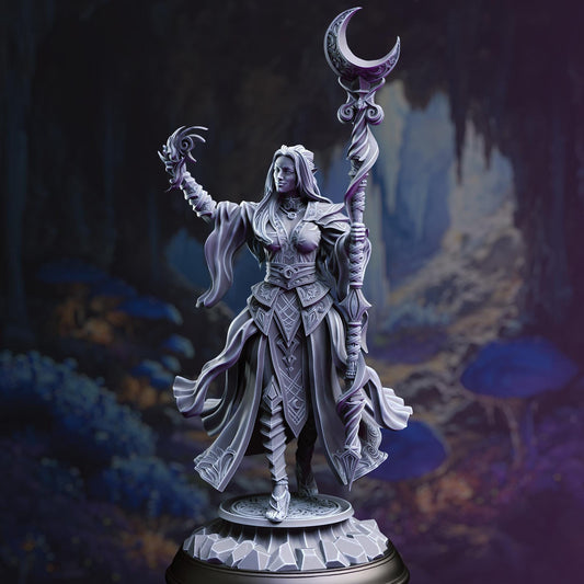A detailed 3D model of a female fantasy character, possibly a witch or magical being, standing in a dark, mysterious setting with mushrooms and other natural elements in the background.