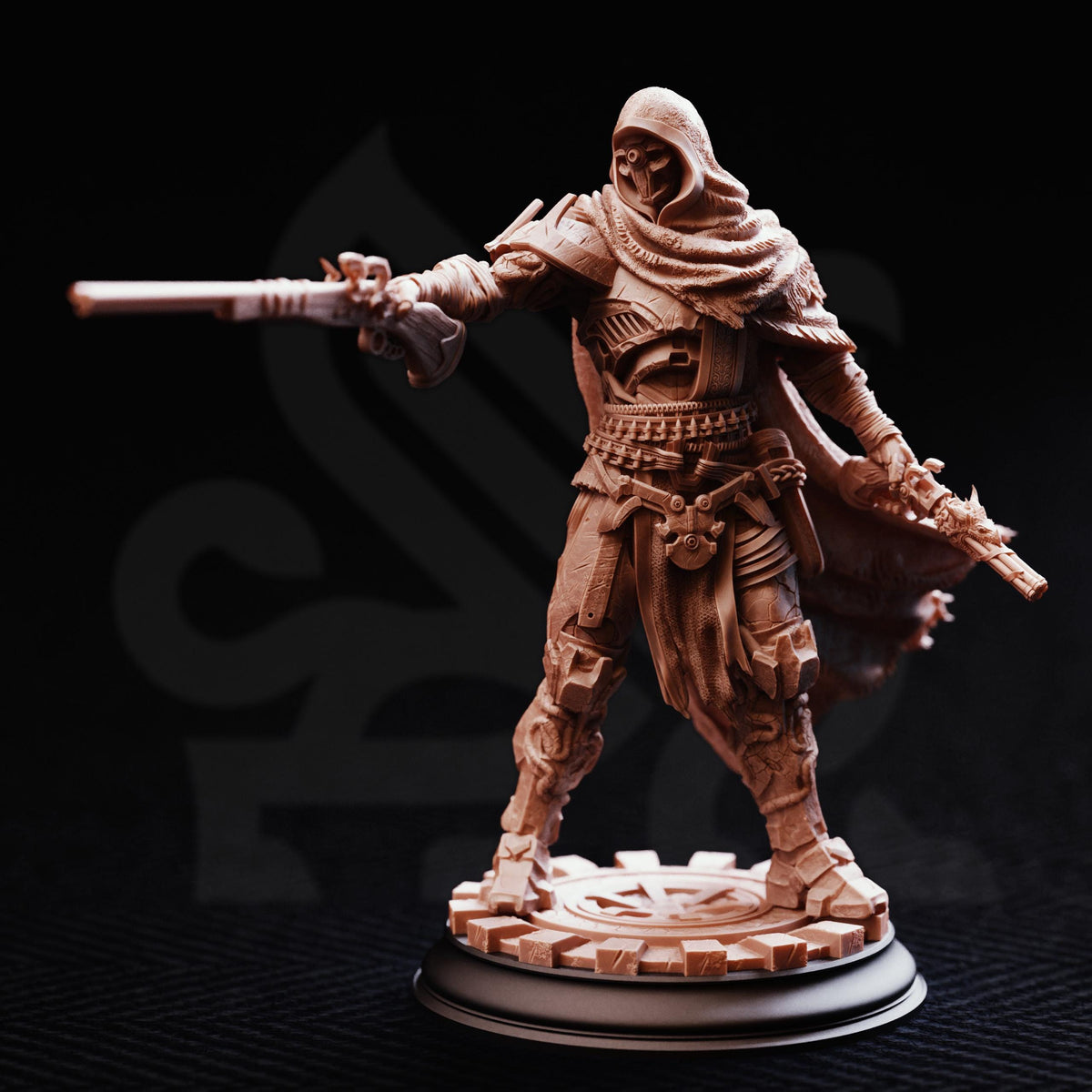 A detailed 3D model of a warrior figure holding a gun and wearing a cape, standing on a platform against a dark background.