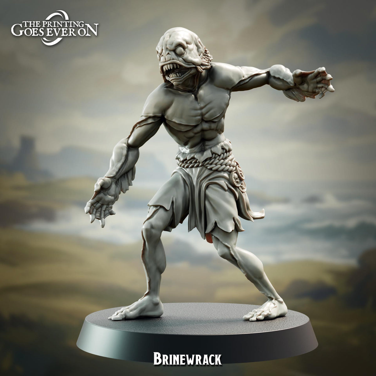 a statue of a muscular, aquatic creature with a fierce expression, standing on a platform and appearing to be in a fighting stance.