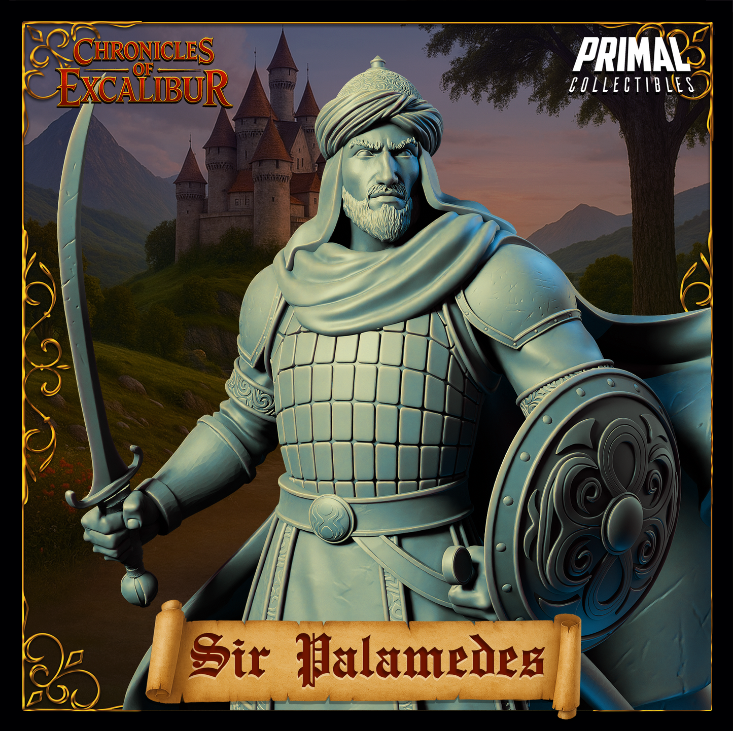 Knight Sir Palamedes miniature from Chronicles of Excalibur, made with premium resin for D&D and TTRPGs.
