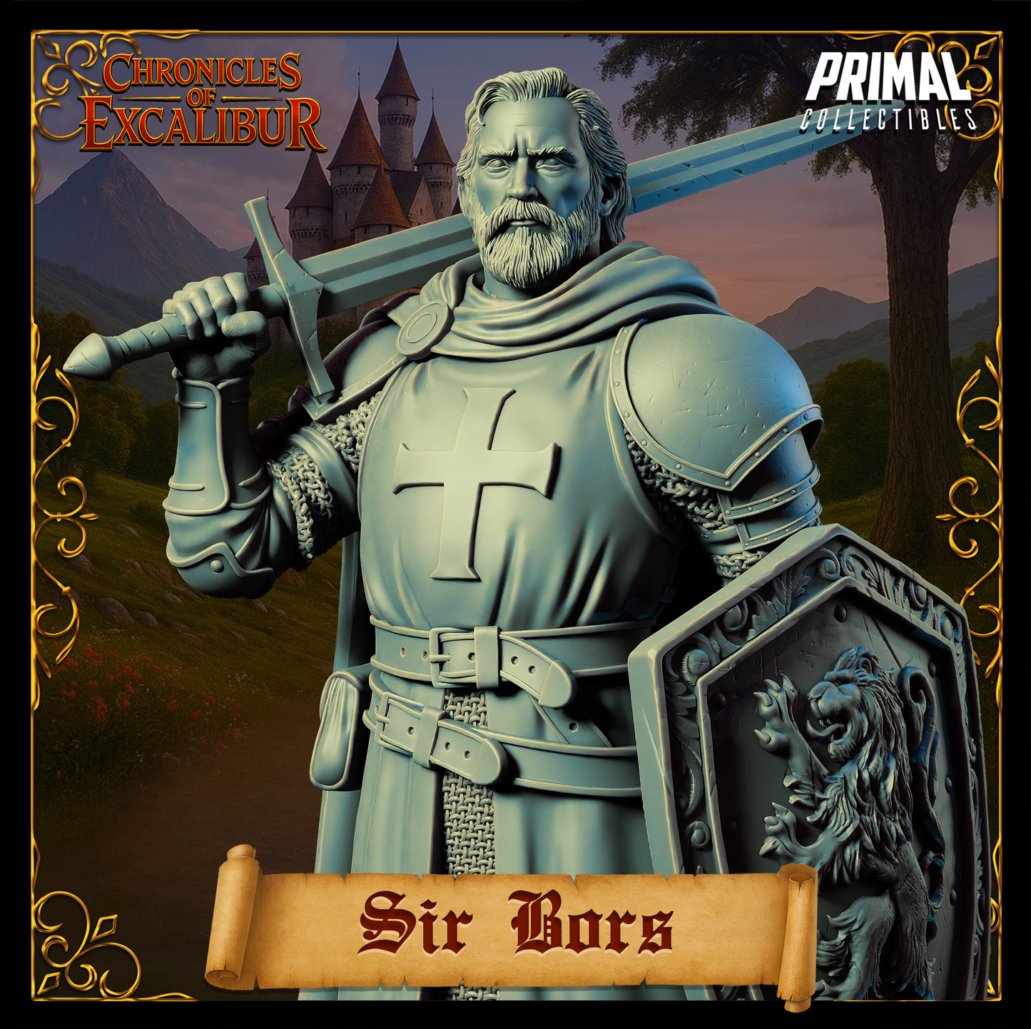 Knight Sir Bors from Chronicles of Excalibur, crafted in premium grey resin, ready for painting or display.