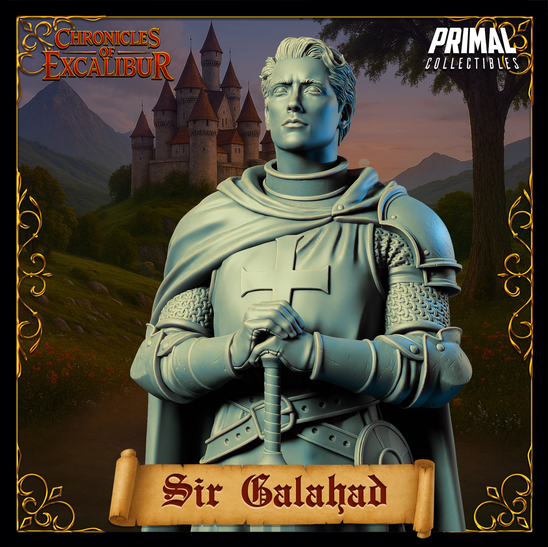 Knight Sir Galahad collectible miniature from Chronicles of Excalibur, crafted in premium resin with intricate details.