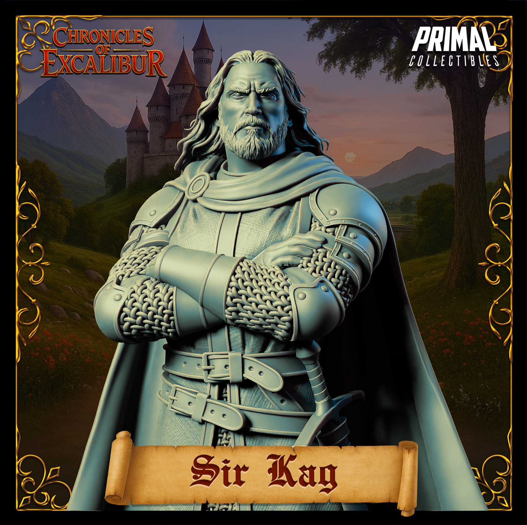Knight Sir Kay miniature from Chronicles of Excalibur, crafted in premium grey resin with detailed features for collectors.