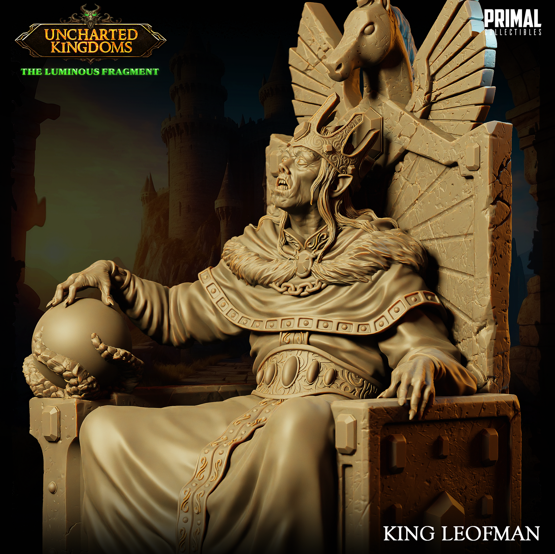 Wizard King Leofman statue seated on throne, detailed resin miniature from Uncharted Kingdoms.